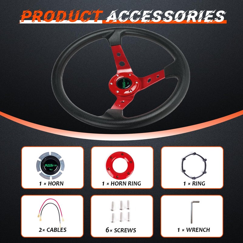 RASTP Universal Racing Steering Wheel,Drifting Deep Dish Steering Wheel 13.8â€/350mm 6 Bolts Grip Vinyl Leather & Aluminum with Horn Button for Car -Red - Image 4